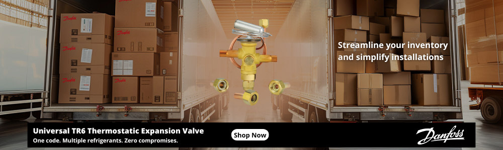 Image showing two semi truck trailers, one with a messy boxes stacked, the other with clean boxes stacked. Text showing "Streamline you inventory and simplify installations" while also showing a product image of a TR6. Additional text stating "Universal TR6 Thermostatic Expansion Valve. One code. Multiple refrigerants. Zero compromises." With a CTA button "Shop Now" and the Danfoss logo