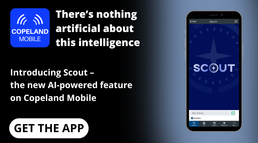 Describing Scout - new AI feature for Copeland Mobile with get the app button