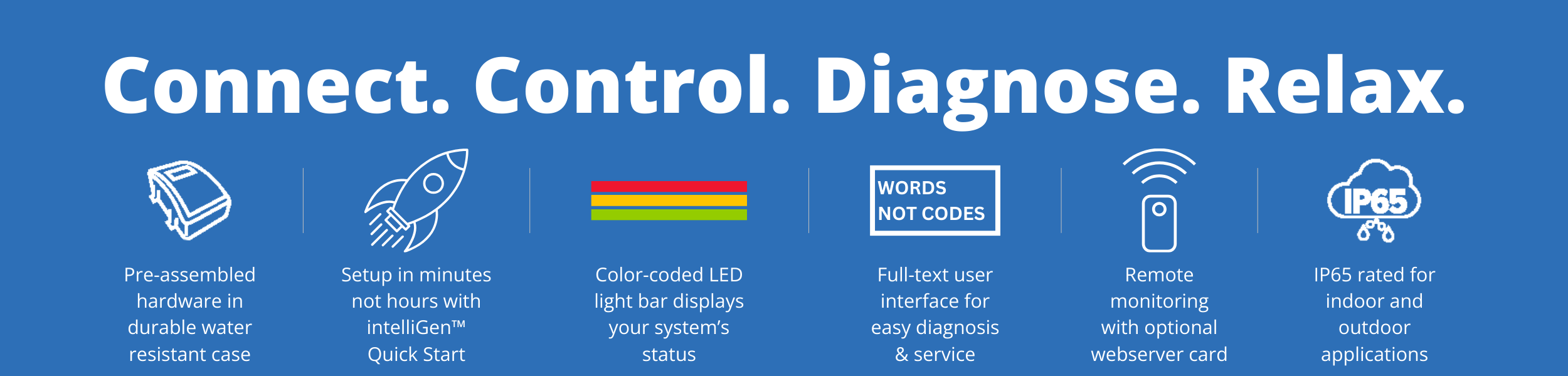 Connect. Control. Diagnose. Relax. Pre-assembled hardware in durable water resistant case. Setup in minutes not hours with intelliGen™ Quick Start. Color-coded LED light bar displays your system’s status. Full-text user interface for easy diagnosis & service. Remote monitoring with optional webserver card. IP65 rated for indoor and outdoor applications.