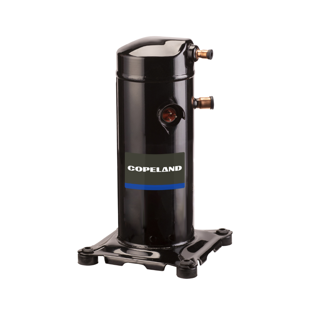 A hermetic scroll compressor is shown. The brand is Copeland.
